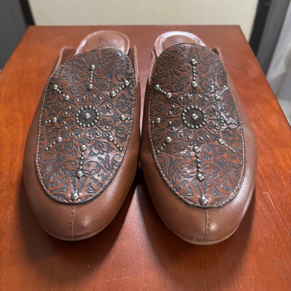 Brighton Women’s Sz 8 M Icon Luggage Vacchetta Laser Brown Leather Shoes Mules